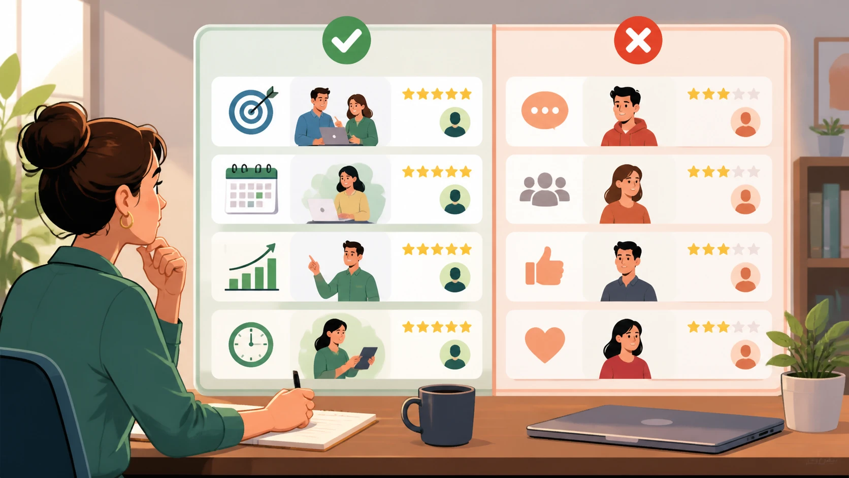 Comparison chart with specific and vague reviews