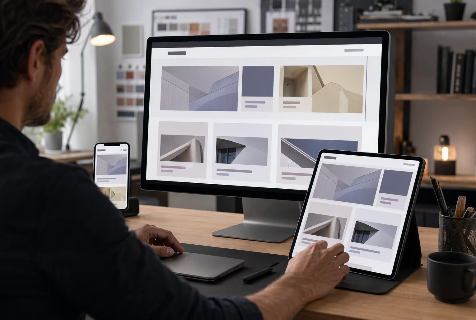 Web designer adjusting multi-column layout on various screens