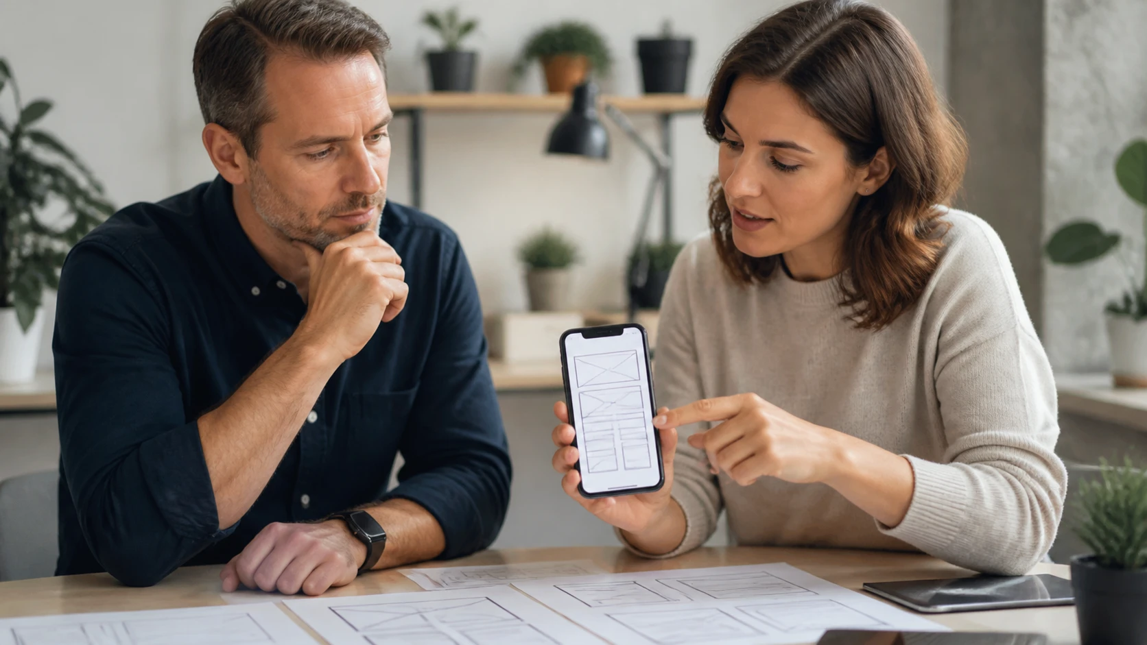 Business owner reviewing smartphone homepage mockup with web designer