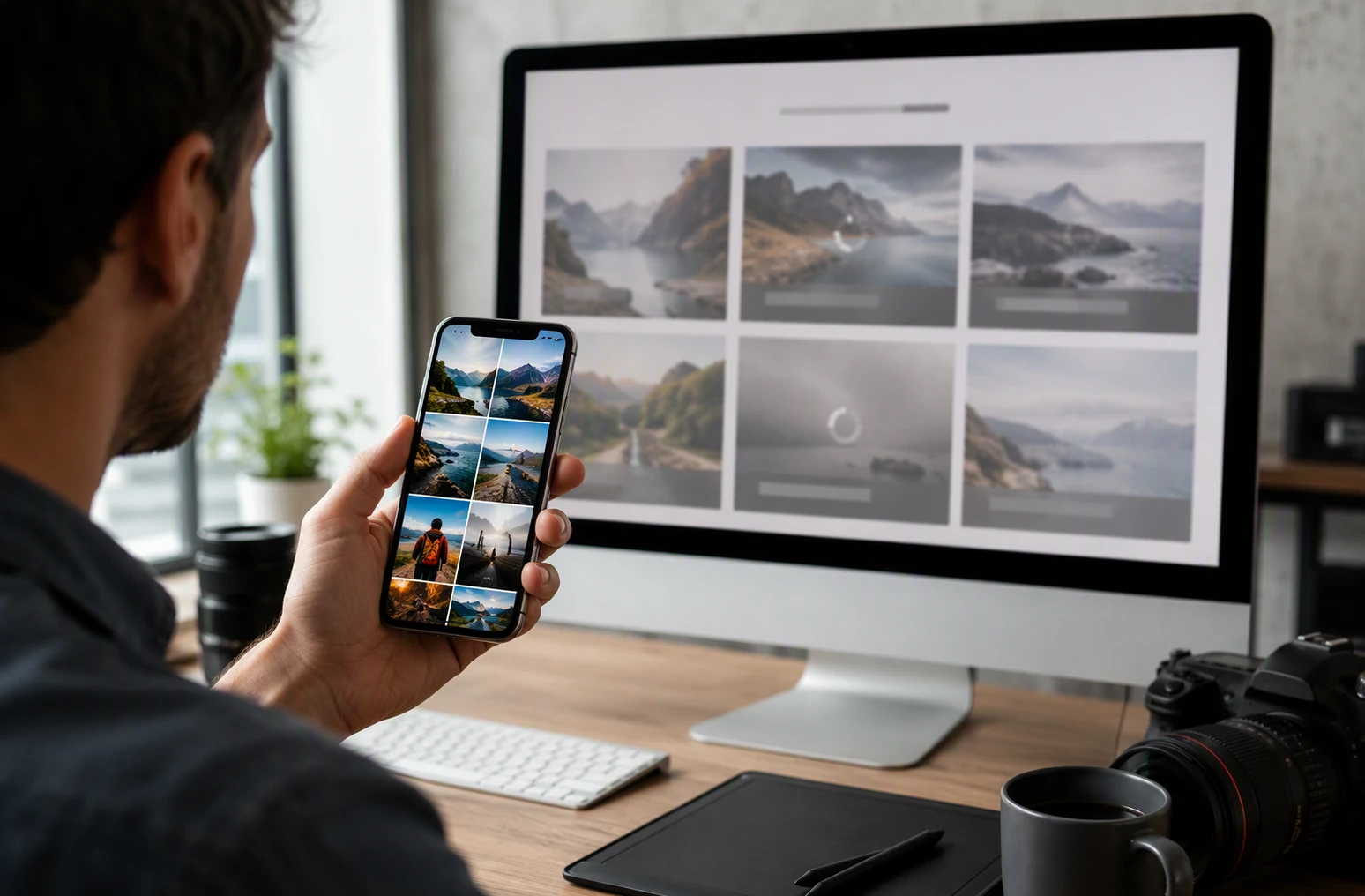 Photographer reviewing sharp website gallery on mobile and desktop