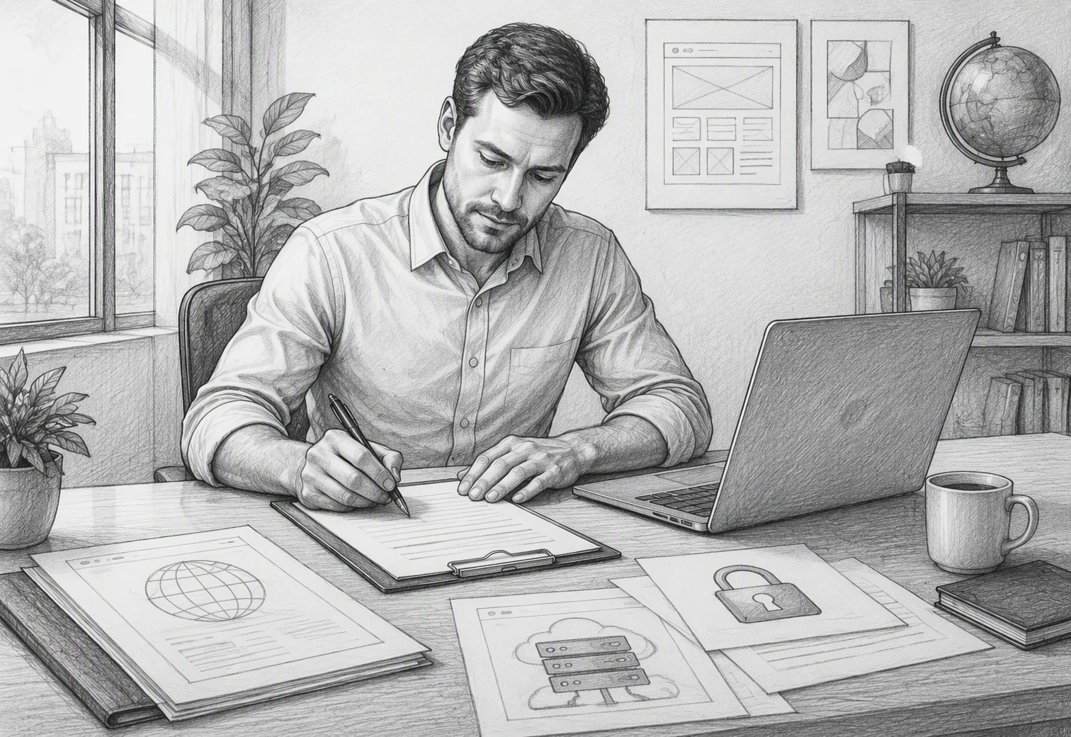 Business owner signing website contract beside laptop and printed domain records