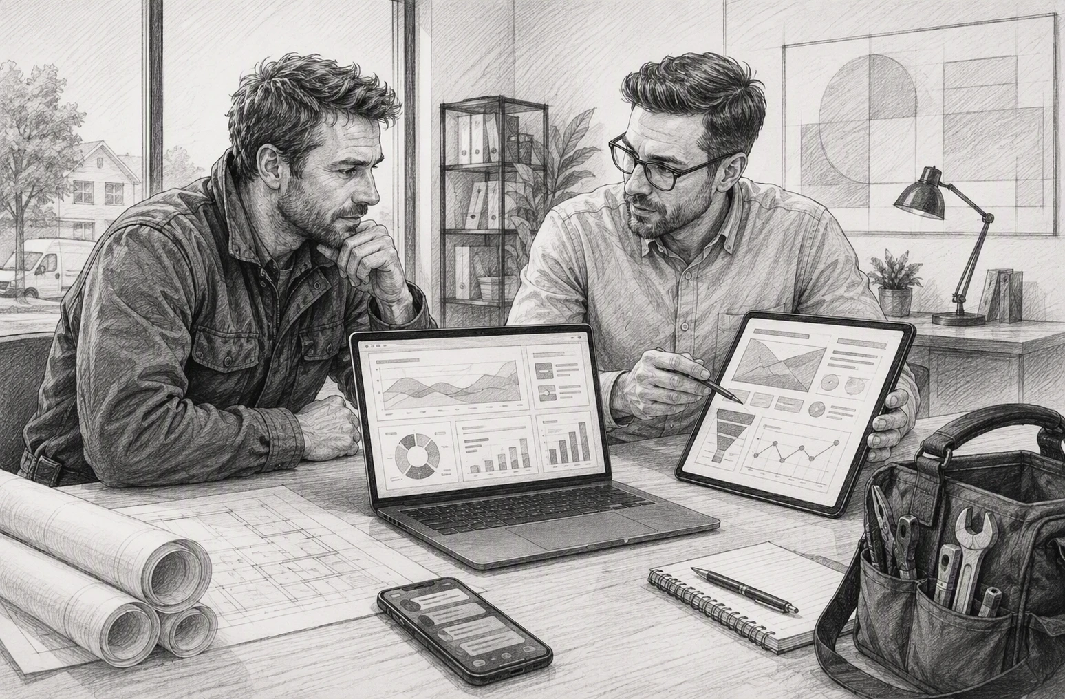 Home service owner reviewing website strategy with agency strategist