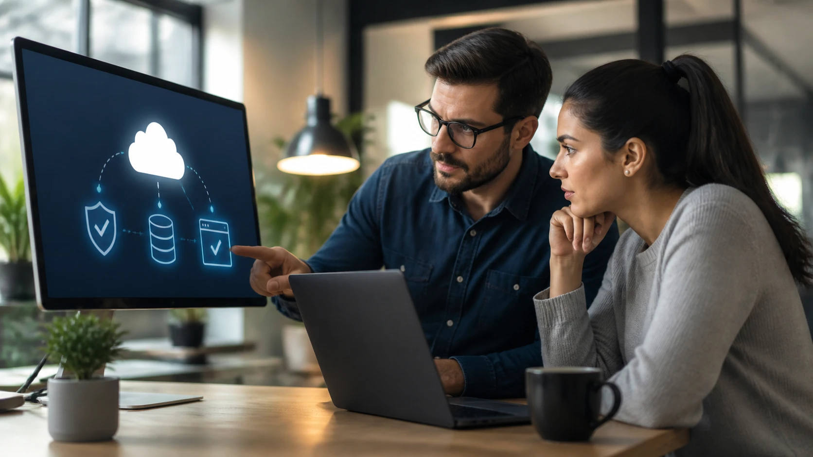 Small business owner reviewing website backup and monitoring alerts at office desk