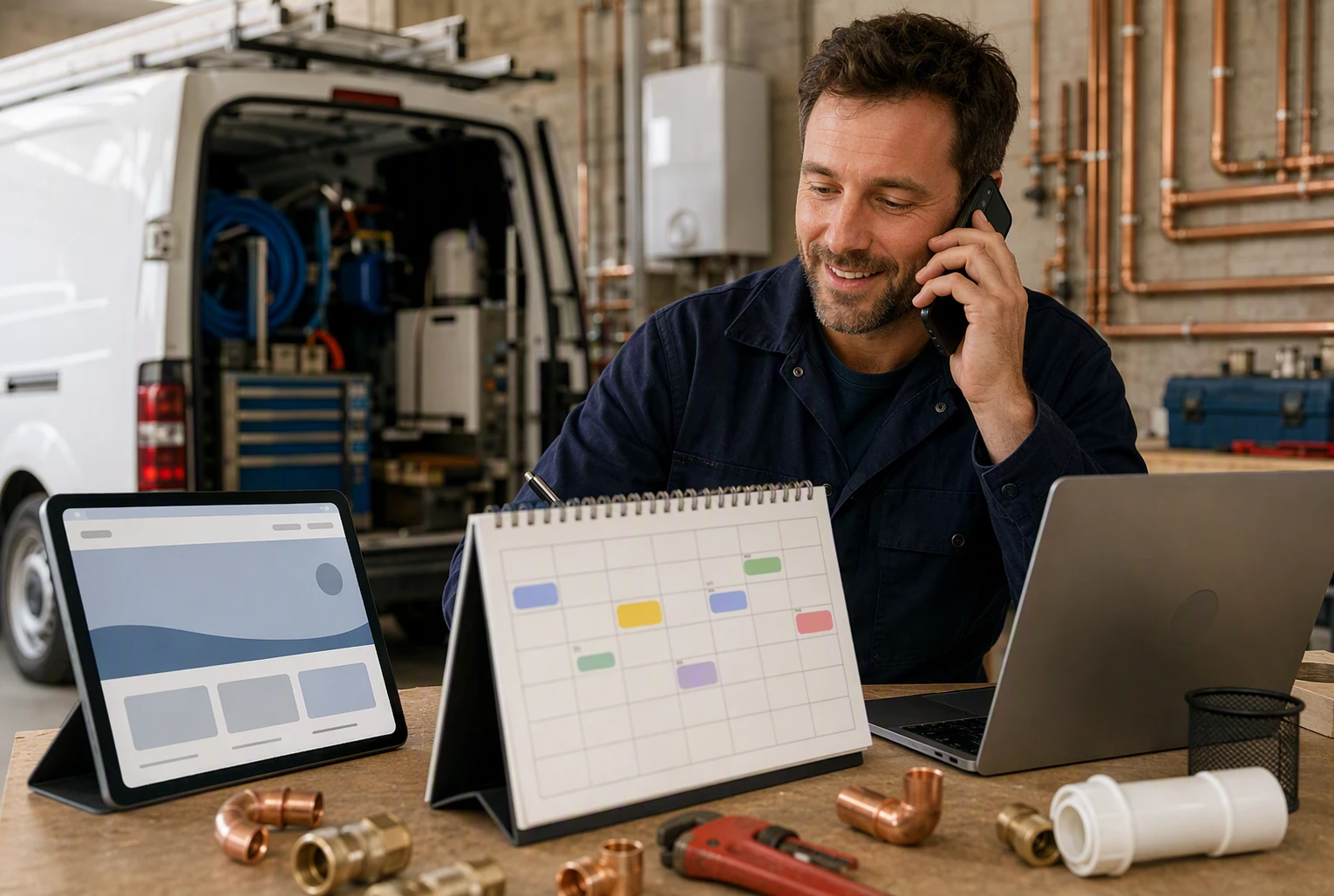 Plumber answering phone beside open booking calendar