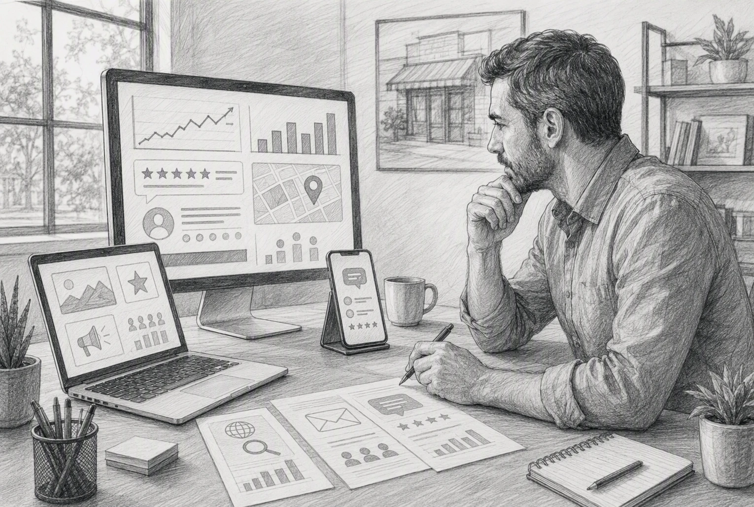 Local business owner reviewing integrated marketing channels