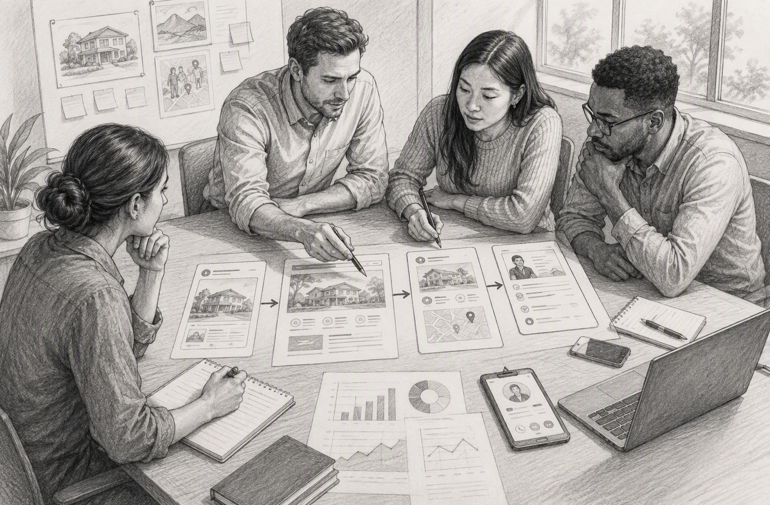 Team coordinating marketing messages across channels