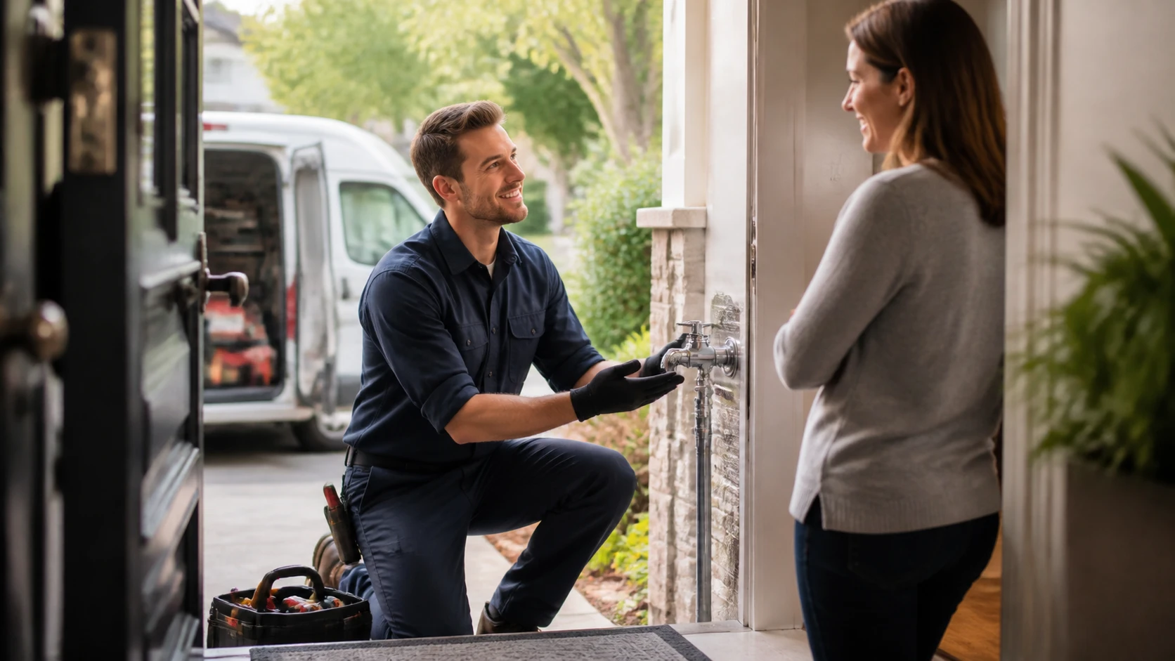Home service owner showing completed repair to happy customer