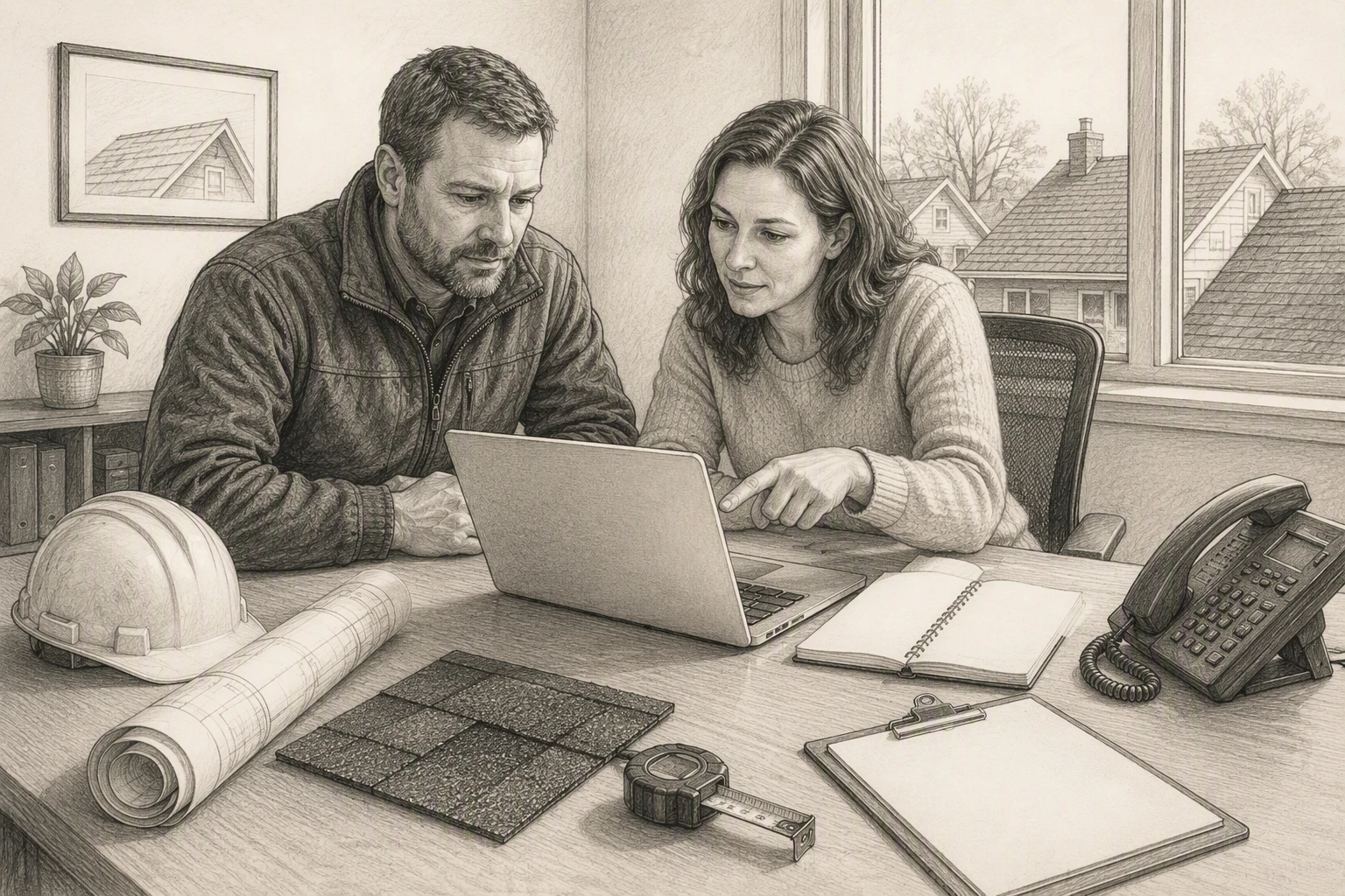 Roofing contractor reviewing website leads with manager