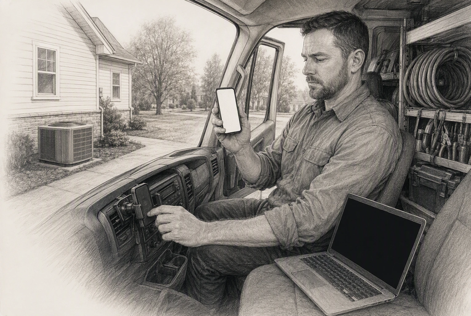 HVAC owner testing mobile lead form in van