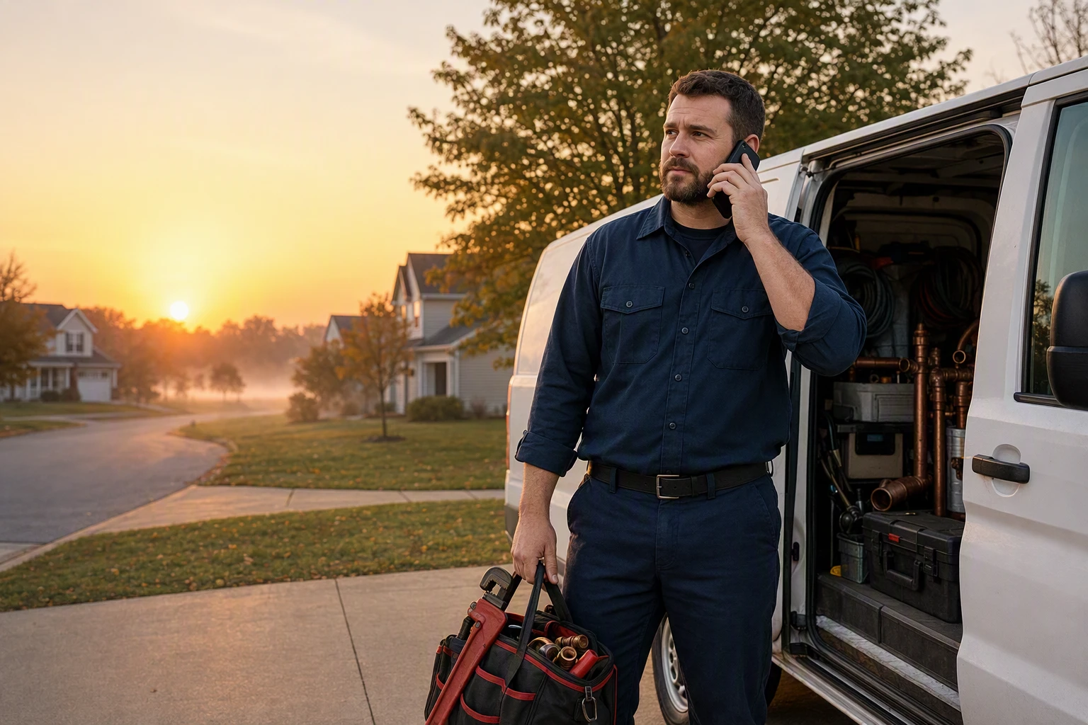 Plumber taking an early morning lead call beside service van