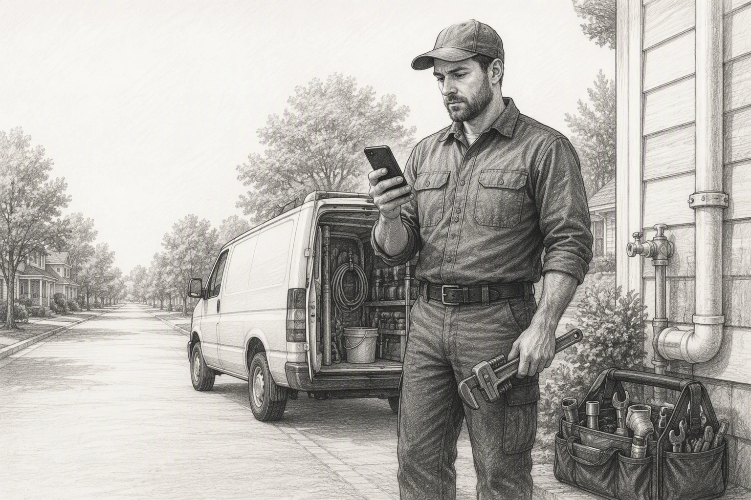Plumber updating Google Business Profile details on phone beside van