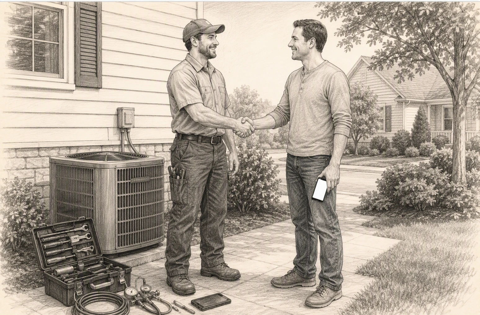 HVAC technician thanking customer beside repaired outdoor unit