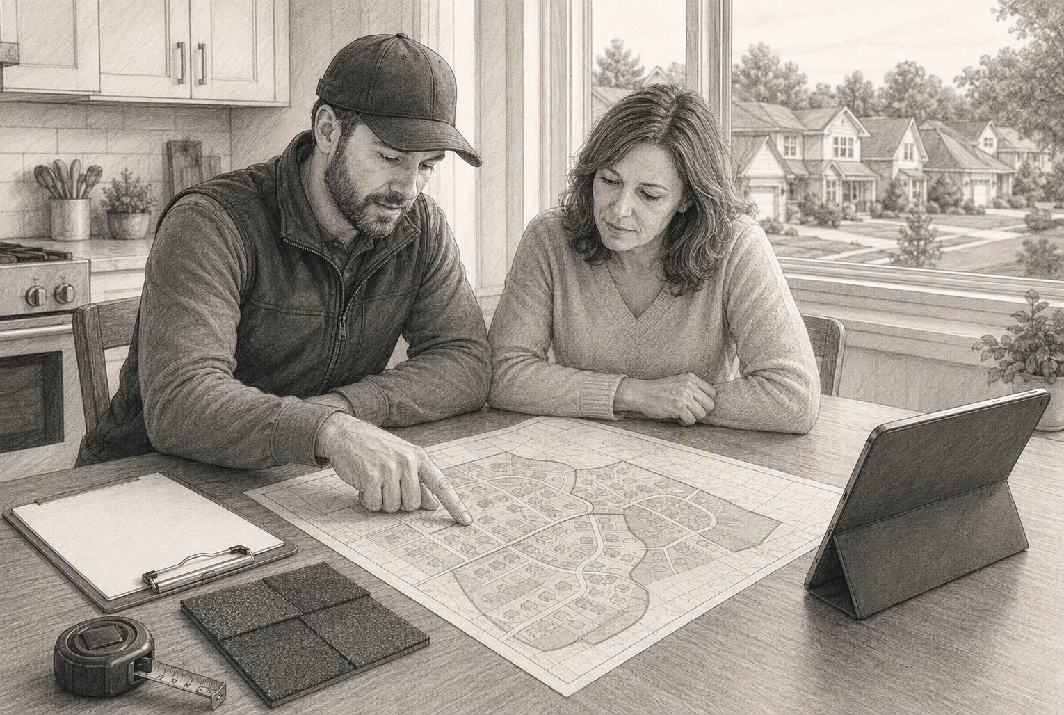 Roofing estimator pointing at neighborhood map with homeowner