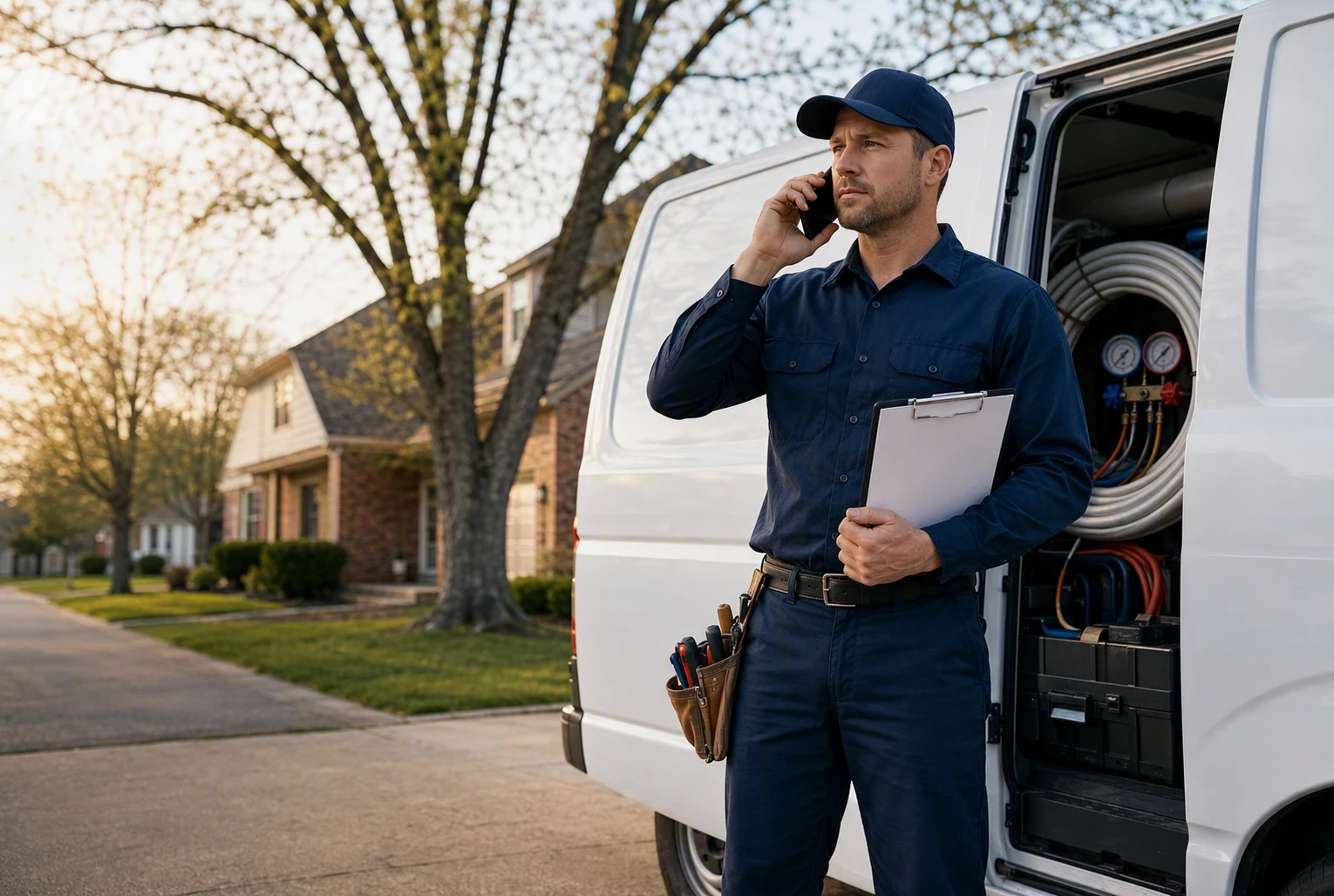 HVAC technician tracking call from service van