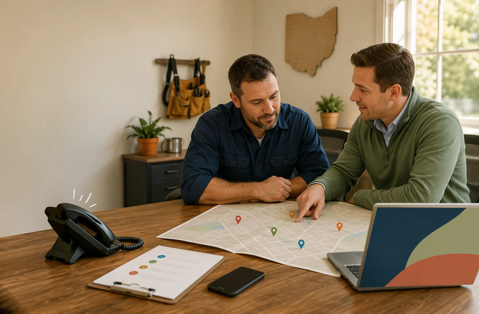 Consultant and service owner reviewing local leads together