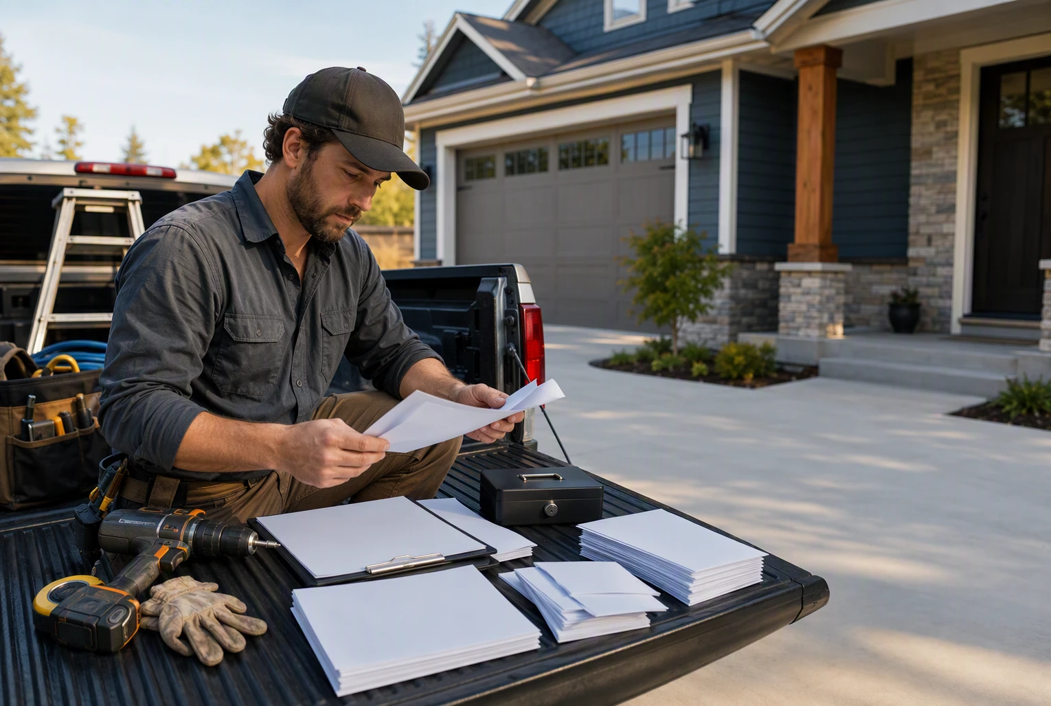 Contractor analyzing job costs beside tools