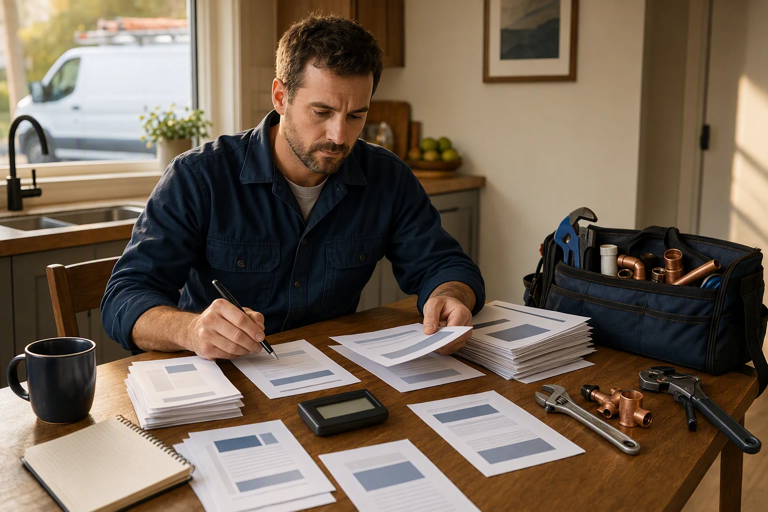 Plumber analyzing job records and ad spend at kitchen table