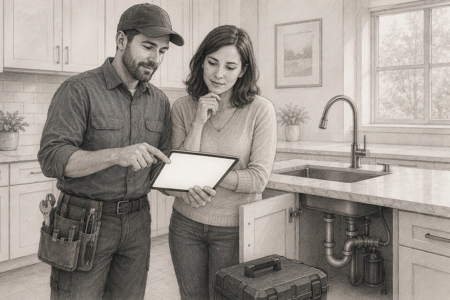 Plumber explains service options on tablet
