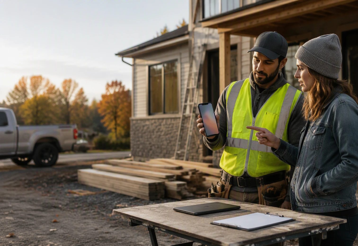Contractor reviewing mobile leads at a jobsite