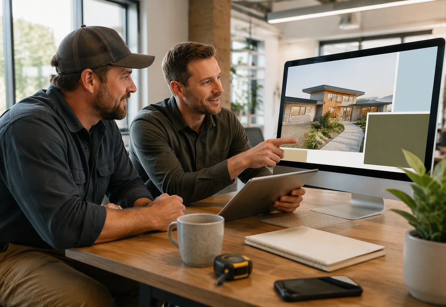 Business owner reviewing custom website mockup with designer