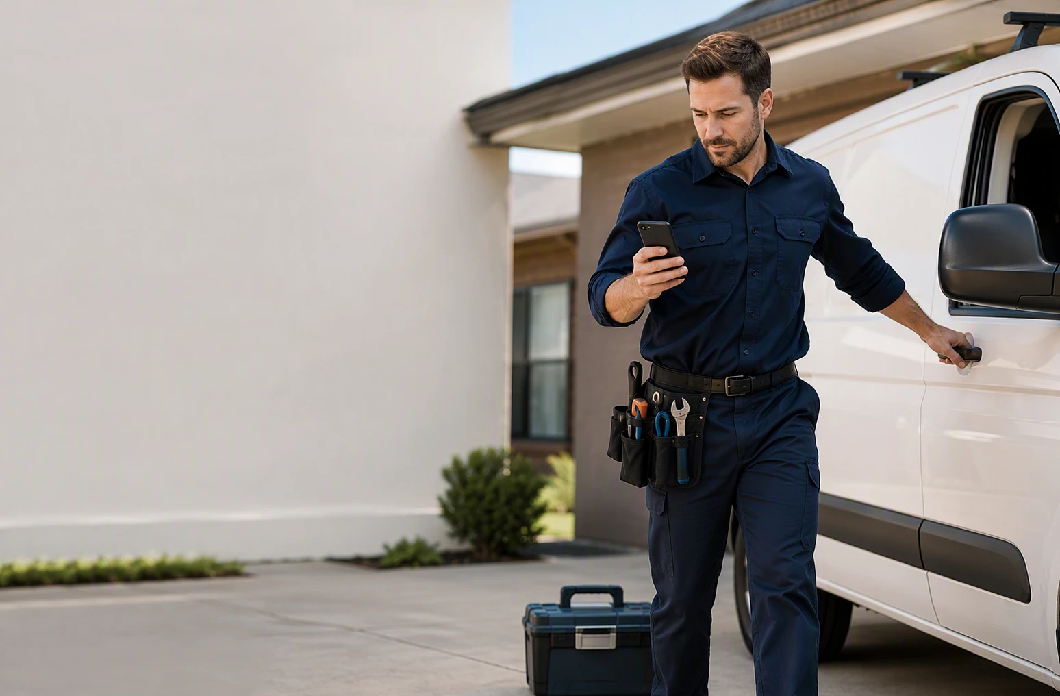Plumber responding to a mobile lead beside service van