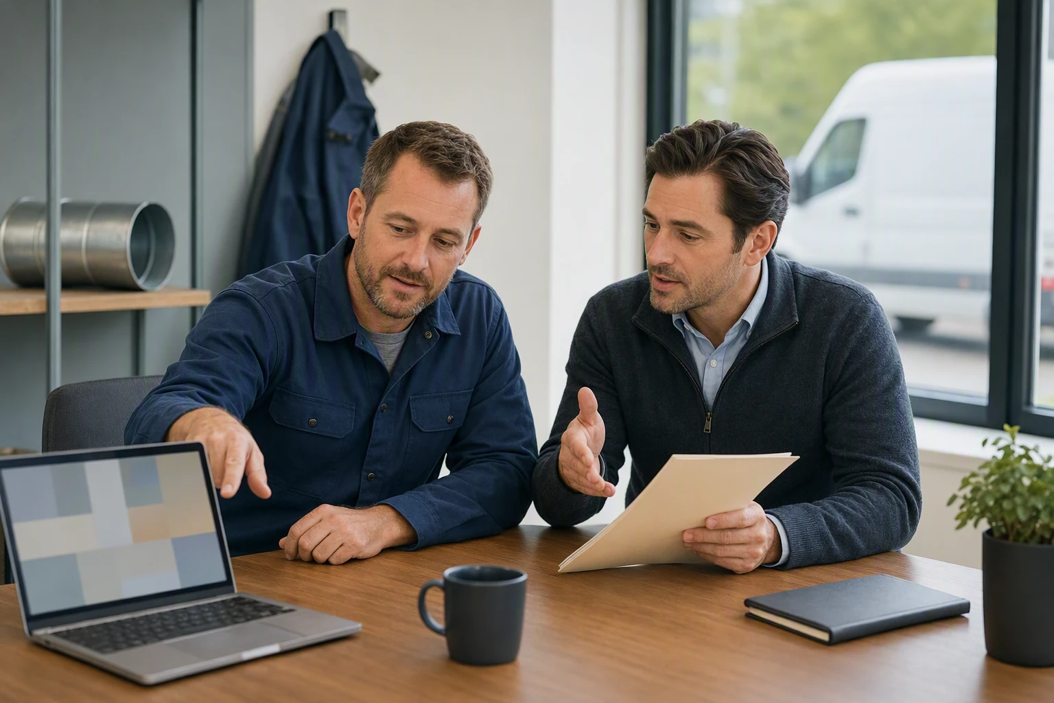 HVAC owner reviewing analytics with agency consultant