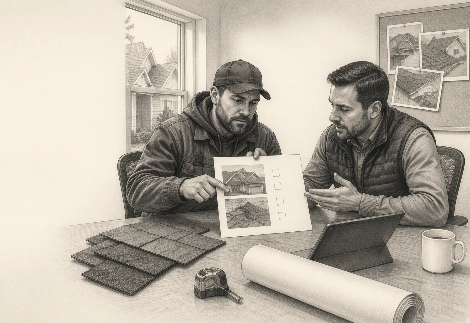 Roofing owner reviewing lead quality metrics with paid media advisor