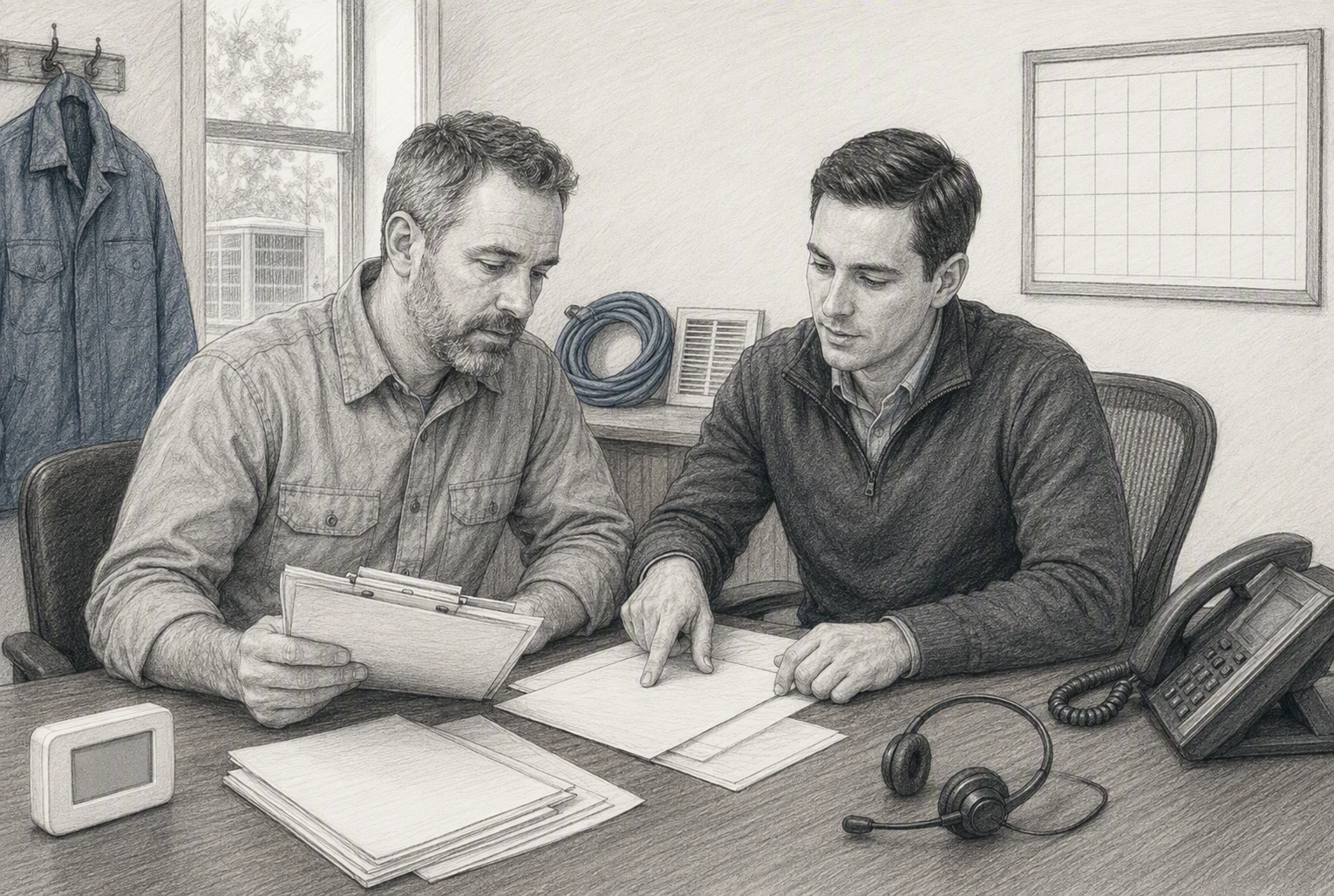 Local HVAC owner reviewing lead metrics with agency strategist