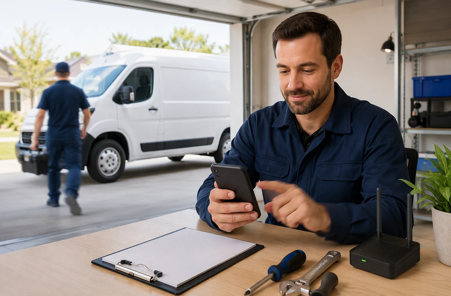 Dispatcher tests mobile booking speed beside service van