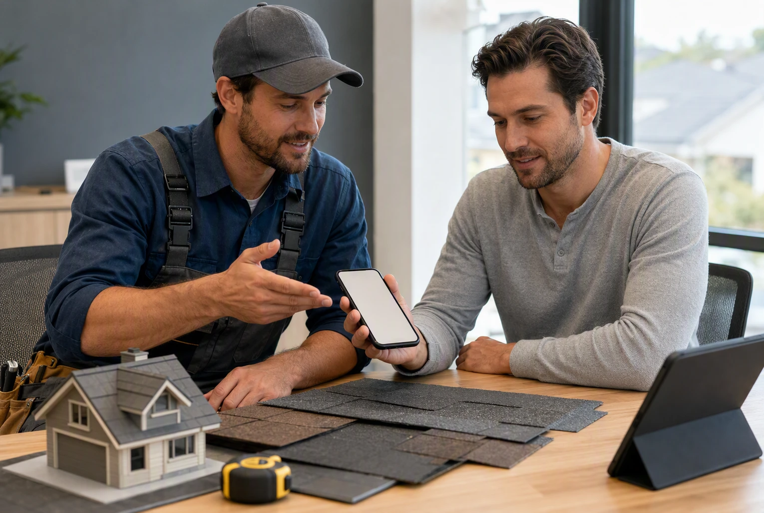 Roofer reviewing mobile quote form with client