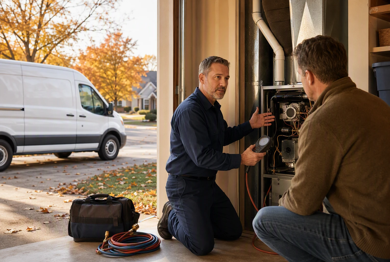 HVAC technician explaining repair details beside service van