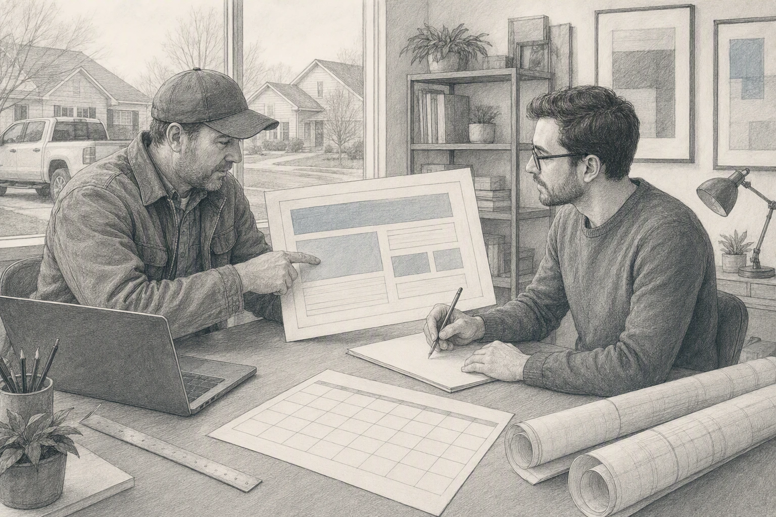 Contractor reviewing website mockup with designer