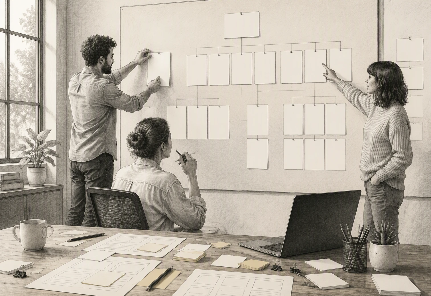Team reviewing service page cards on a sitemap wall