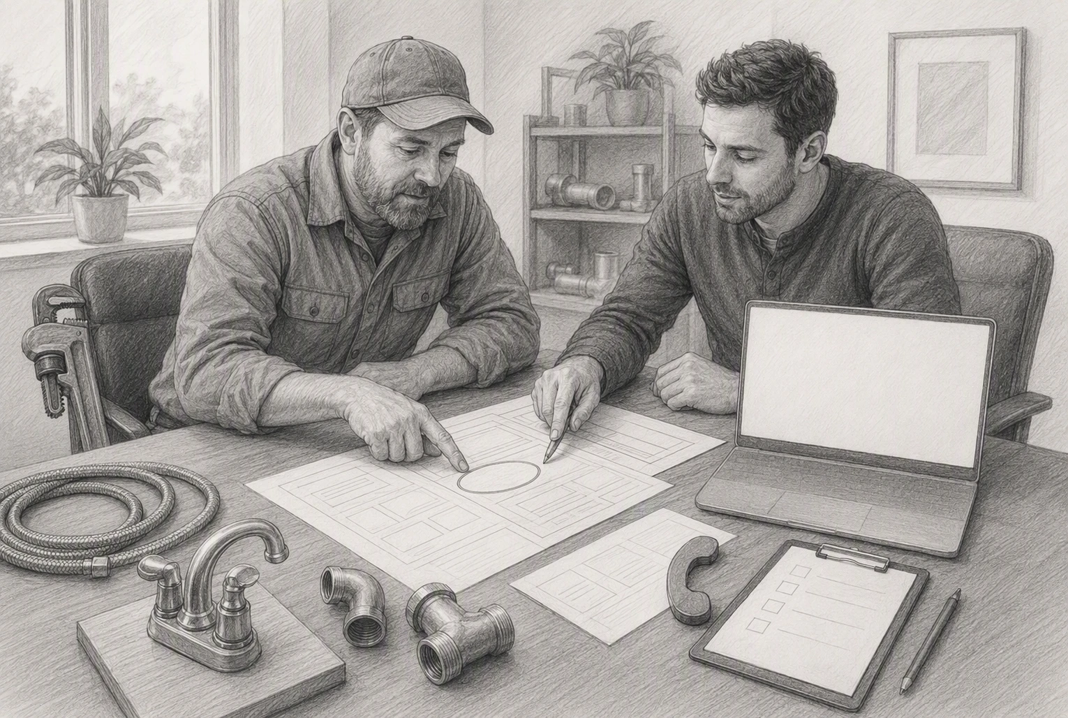 Plumber reviewing website conversion goals with designer