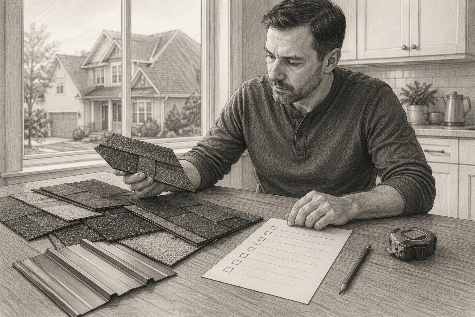 Homeowner evaluating roofing samples with checklist