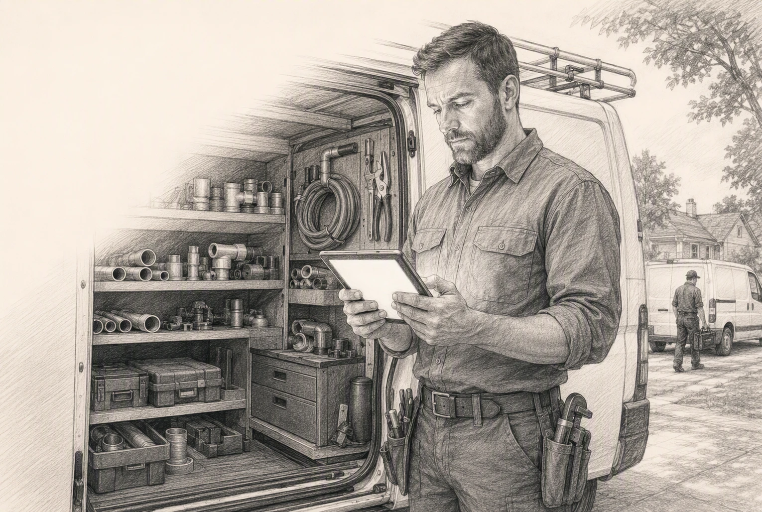 Plumber reviewing service request on tablet beside organized van