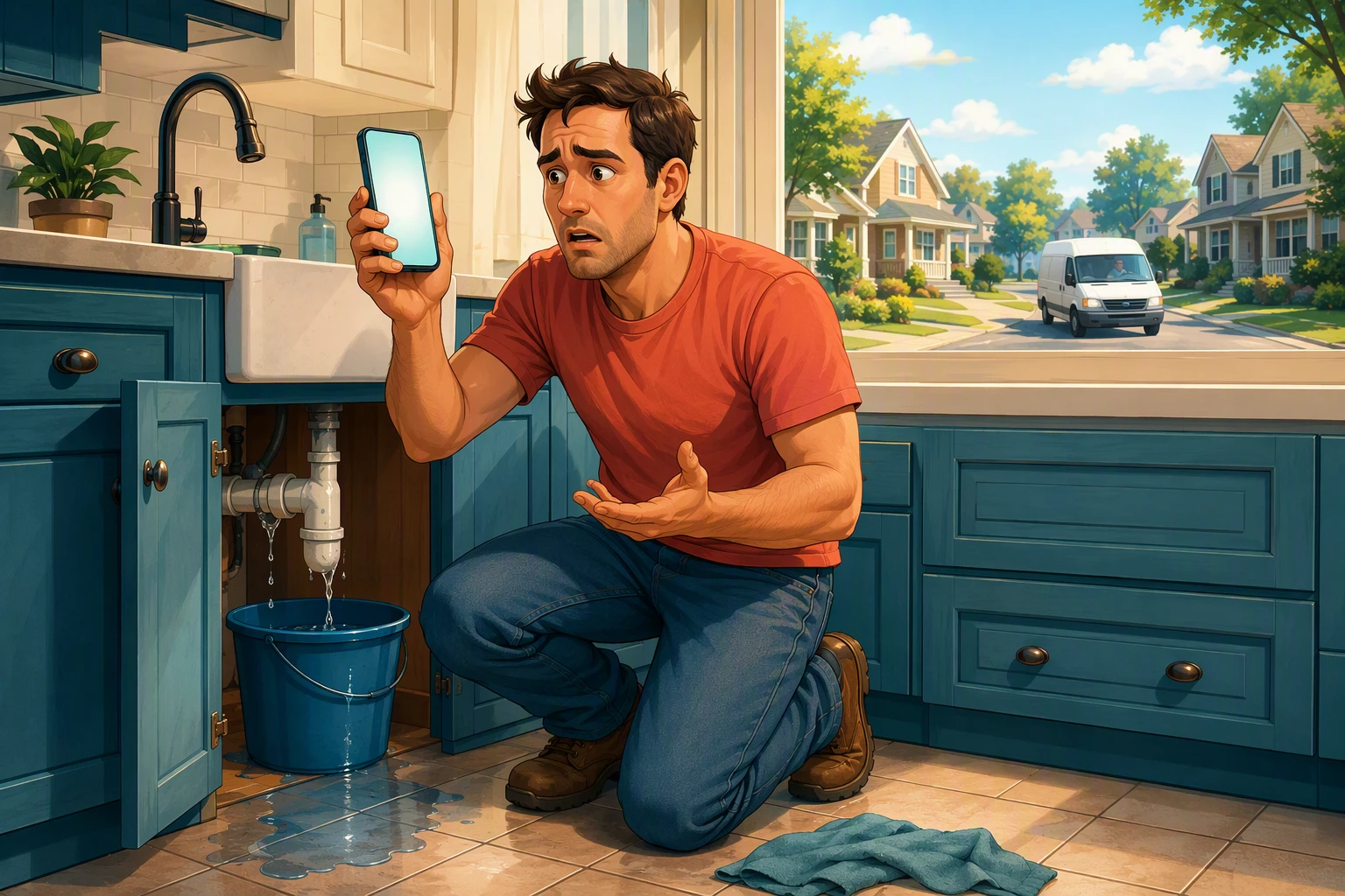 Homeowner searches plumber on phone by leaking sink