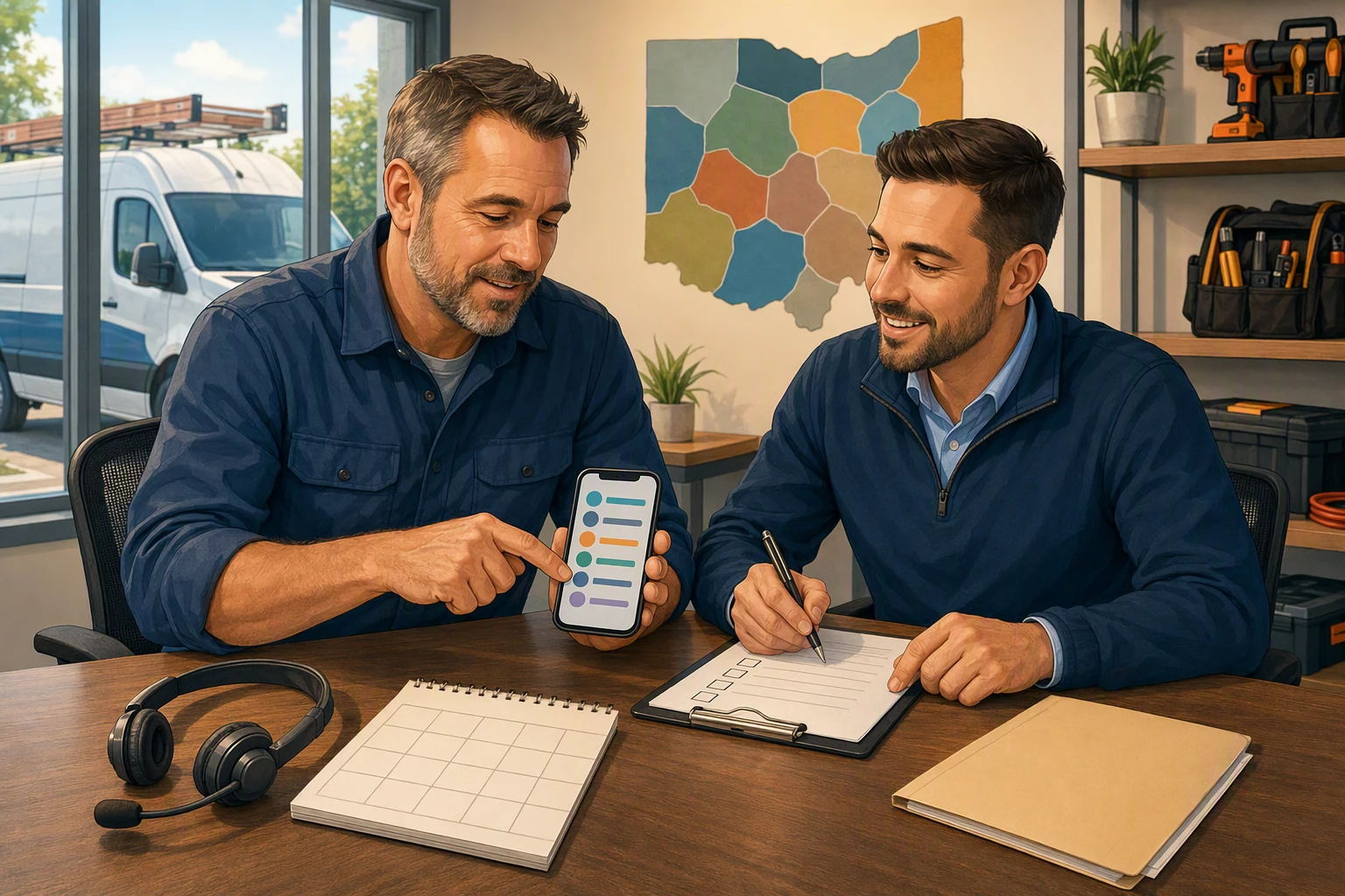 Business owner and marketer reviewing call metrics together