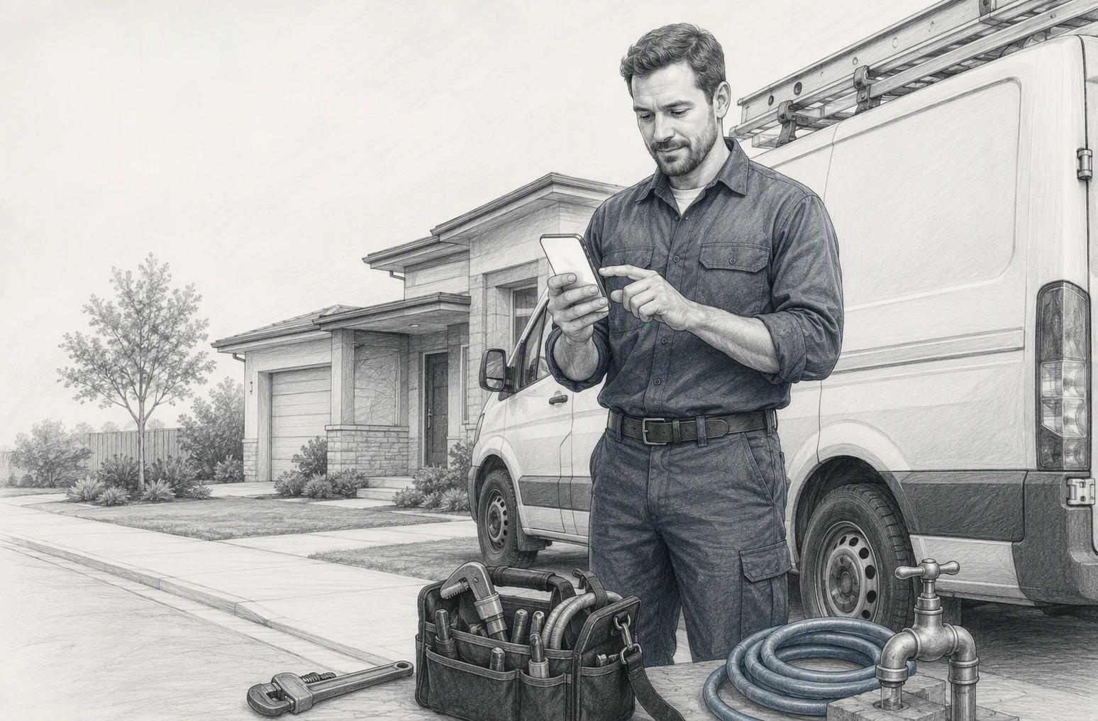 Plumber checks mobile booking page beside van