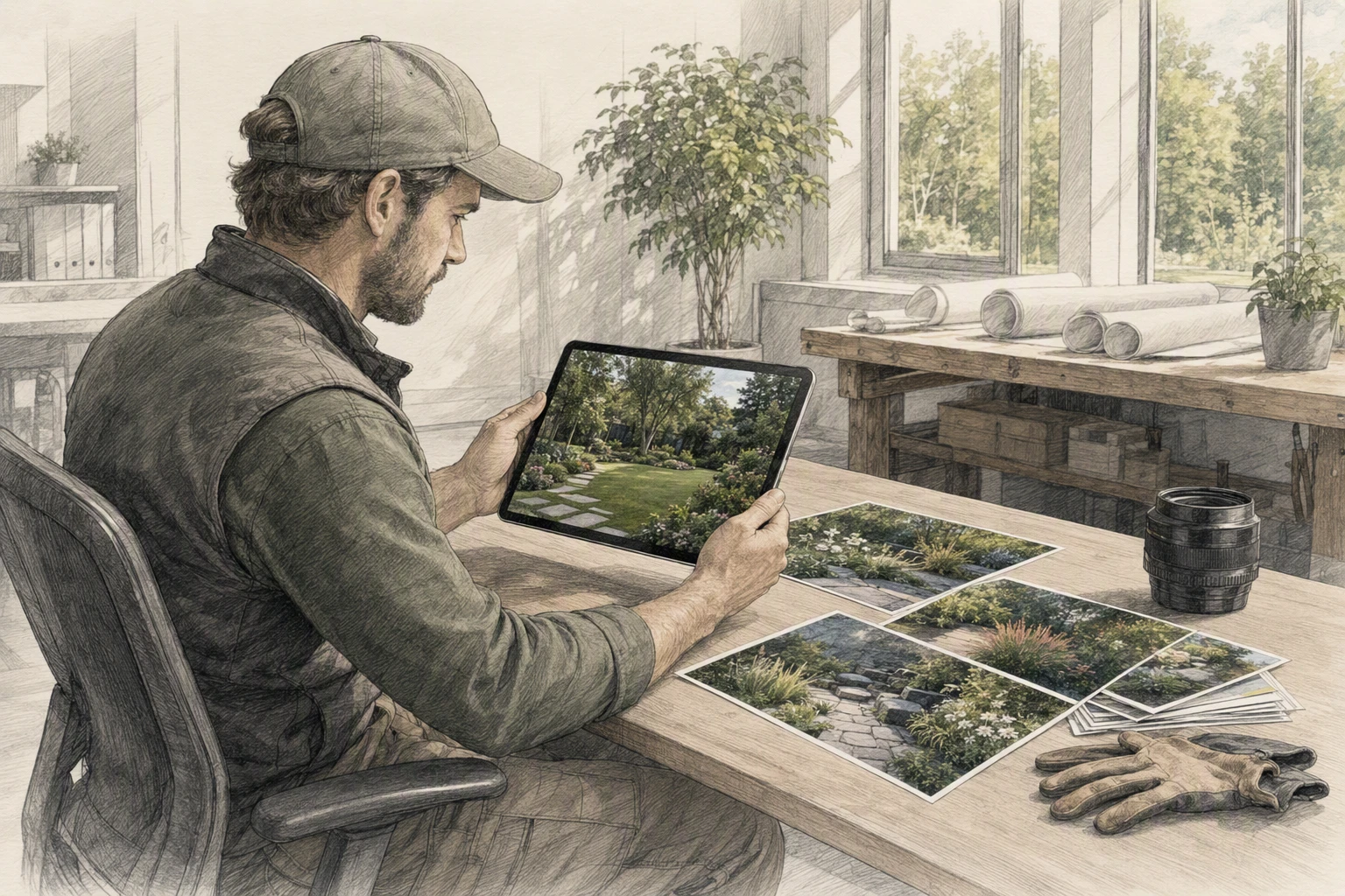 Landscaper reviewing project photos on tablet
