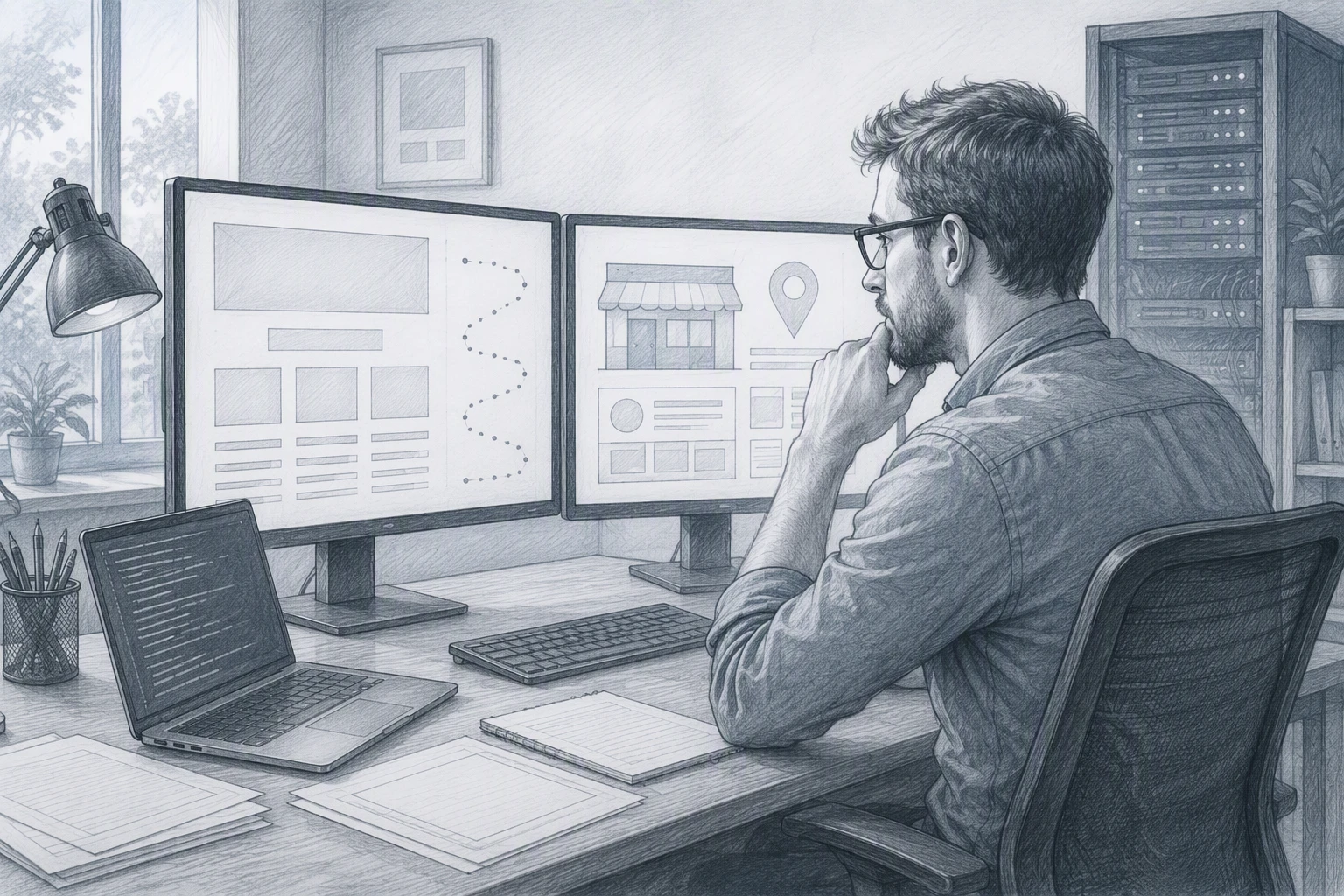Developer reviewing crawlable content and local business profile on dual screens