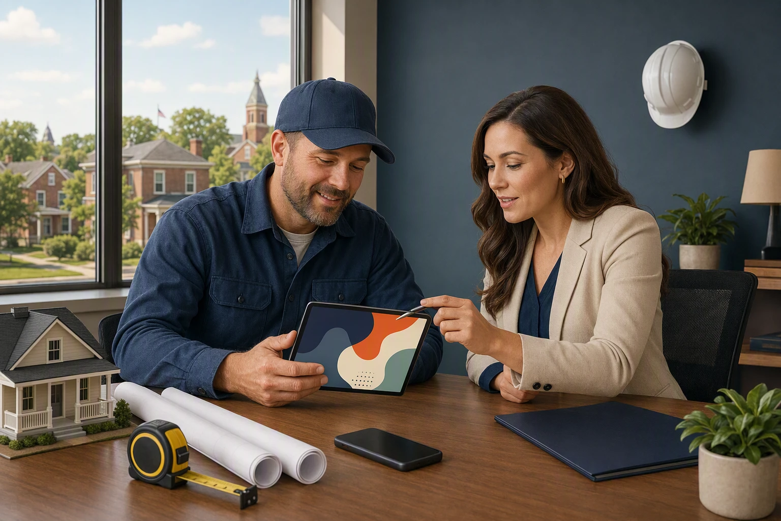 Contractor reviews website leads on tablet with analytics dashboard