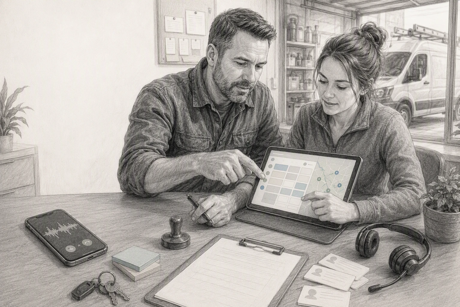 Two colleagues reviewing booked jobs on tablet