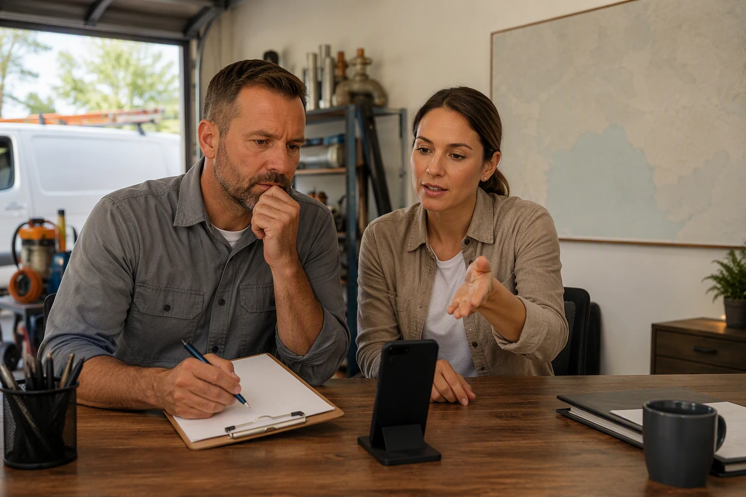 Home service owner reviewing call leads with marketer