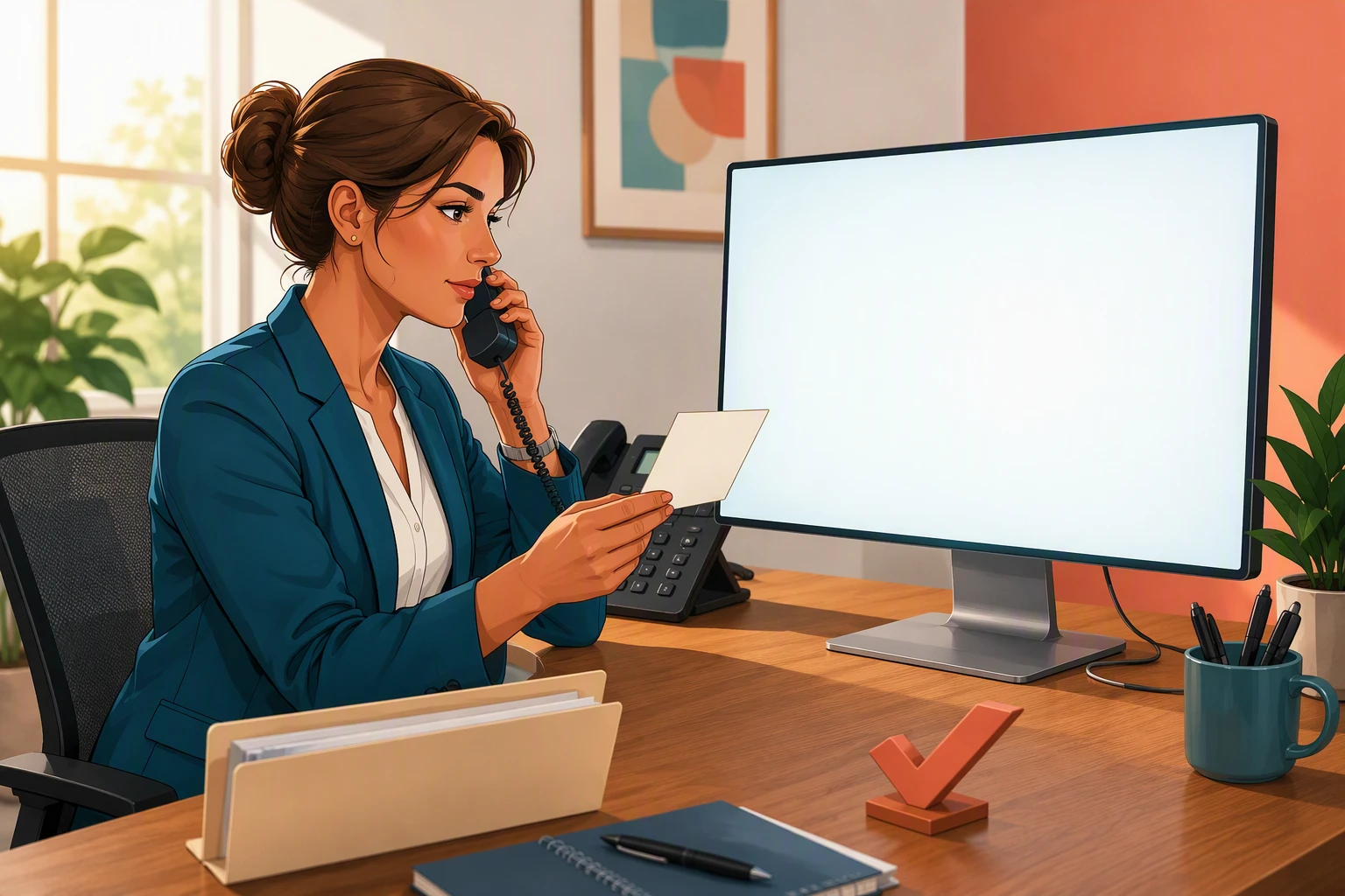 Manager reviewing a new lead on a laptop beside a ringing phone