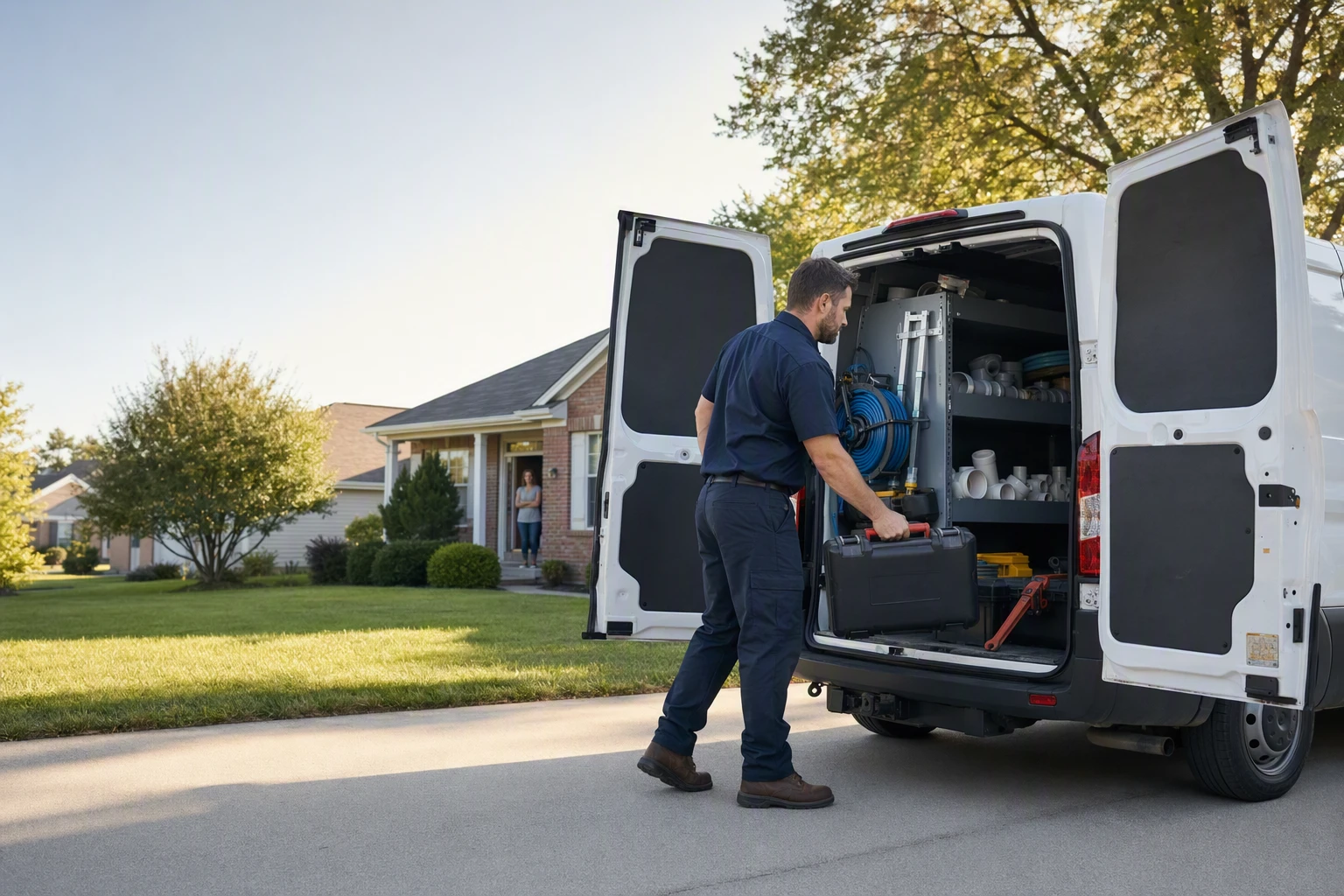 Plumber loading tools into van outside suburban home
