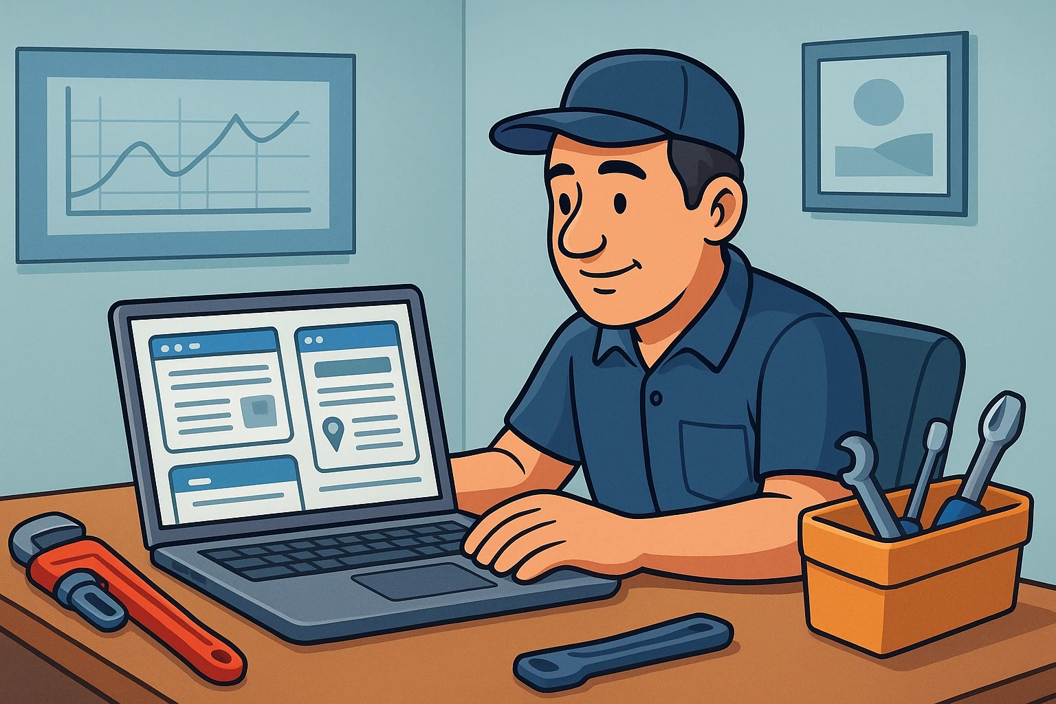 Plumber comparing business listings on laptop