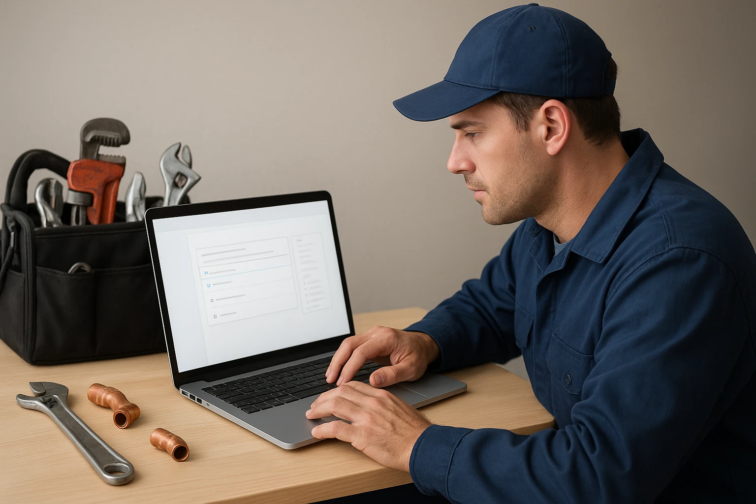 Plumber reviewing service categories on laptop