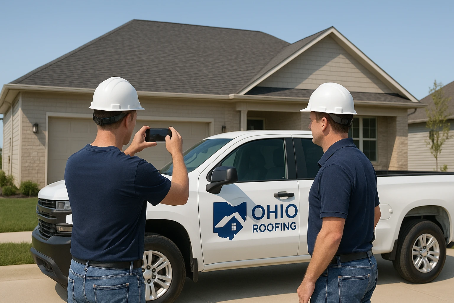 Roofing crew photographing finished roof beside work truck