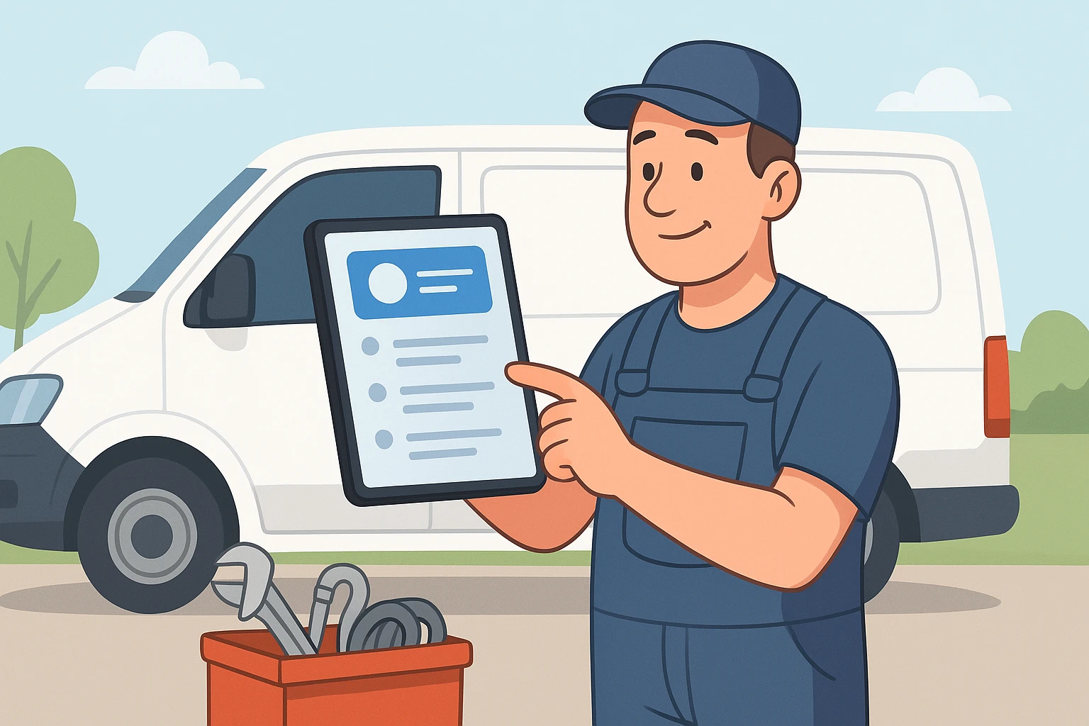 Plumber selecting category beside service van